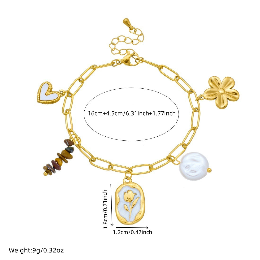 Elegant Geometric Heart Flower Stainless Steel Plated Necklace and Bracelet Set with Pearl and Tiger's Eye for Women