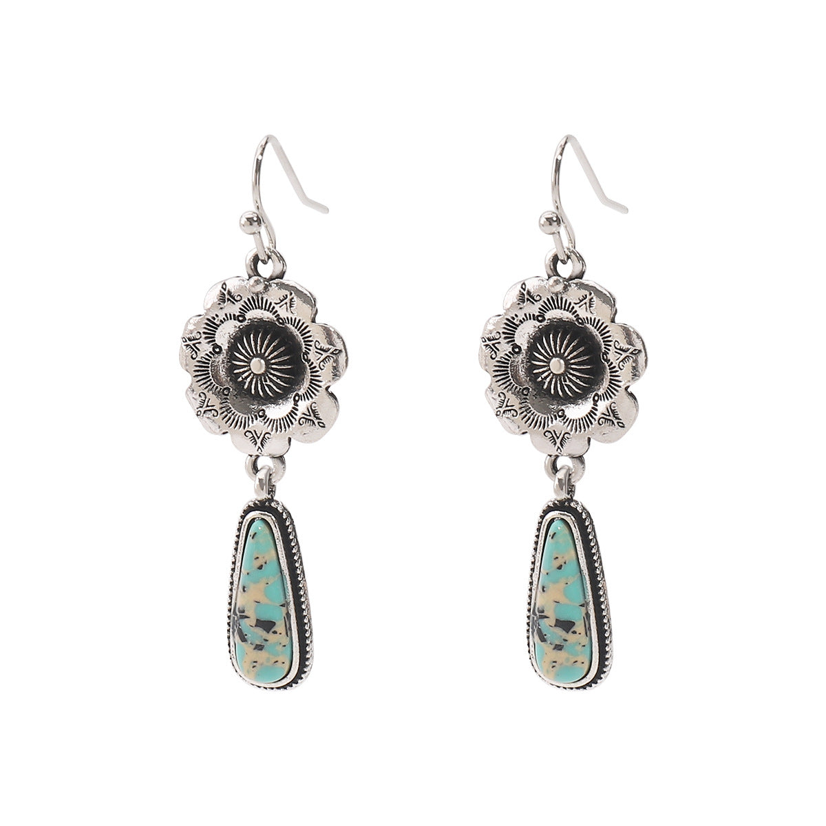 Pendientes vintage bohemios geométricos de filigrana con incrustaciones de turquesa en base de aleación con acabado chapado