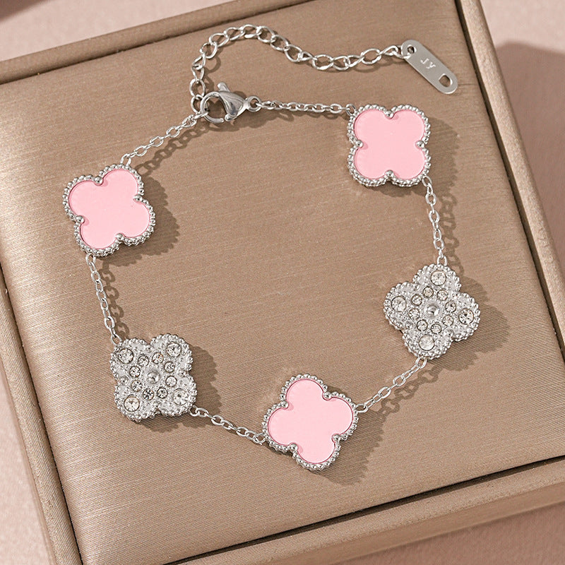 Bracciale Donna Lusso Stile Quadrifoglio in Acciaio al Titanio con Strass e Intarsio in Concha
