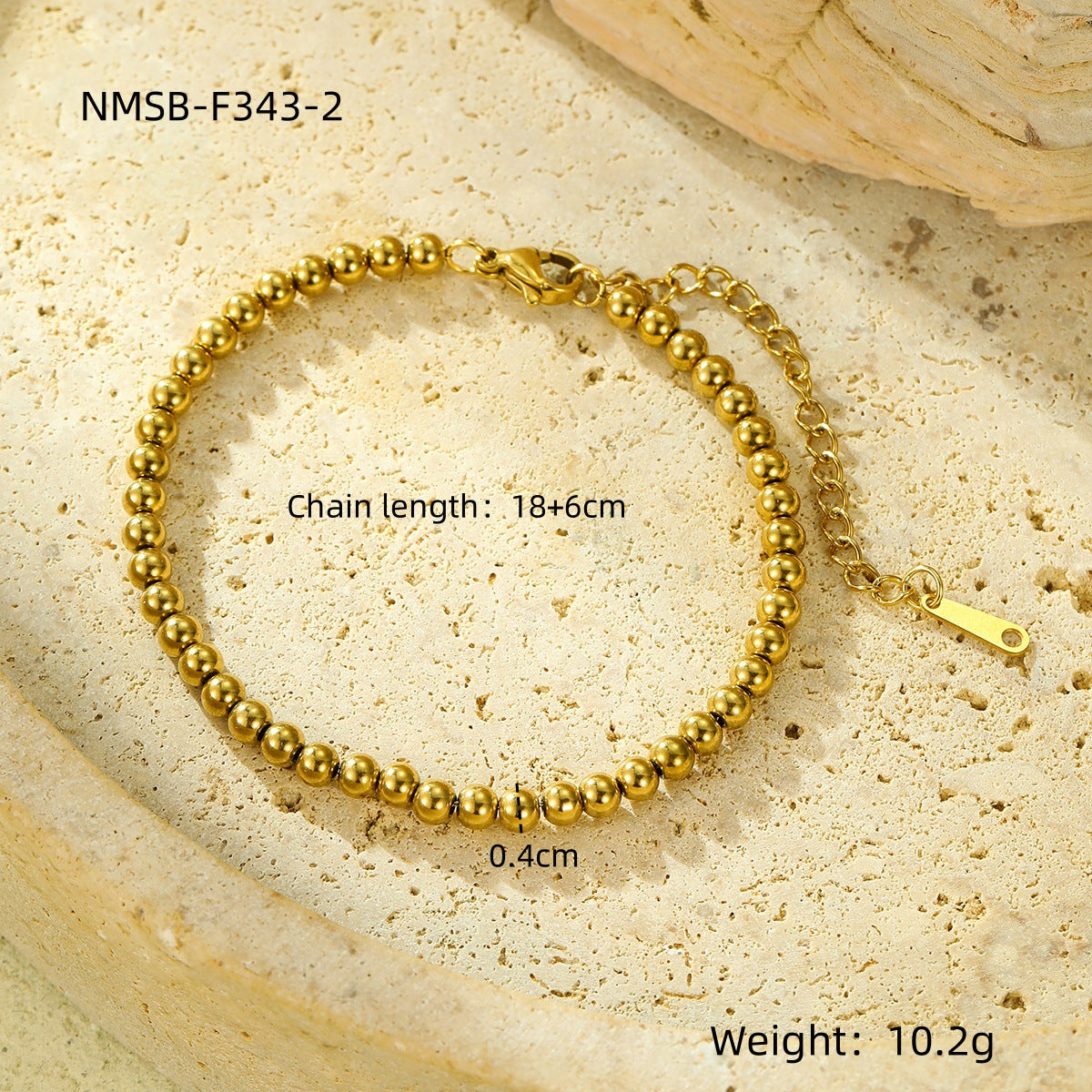 Bracciale minimalista con perline regolabile da donna in acciaio inossidabile placcato oro 18 carati