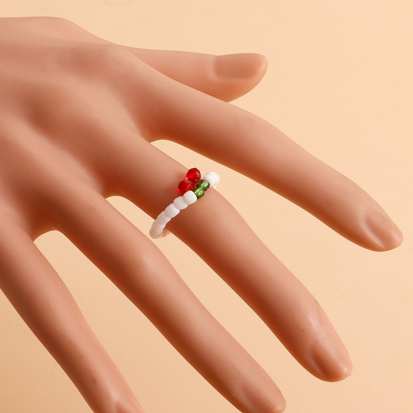 Minimalist Geometric Alloy Ring with Plated Finish for Women Colorful Cherry Beaded Elastic Band Fashion Jewelry