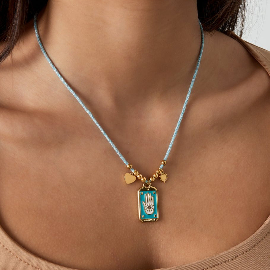 Vintage Geometric Evil Eye Tarot Pendant Necklace in Plated Copper with Colorful Enamel Detail for Women