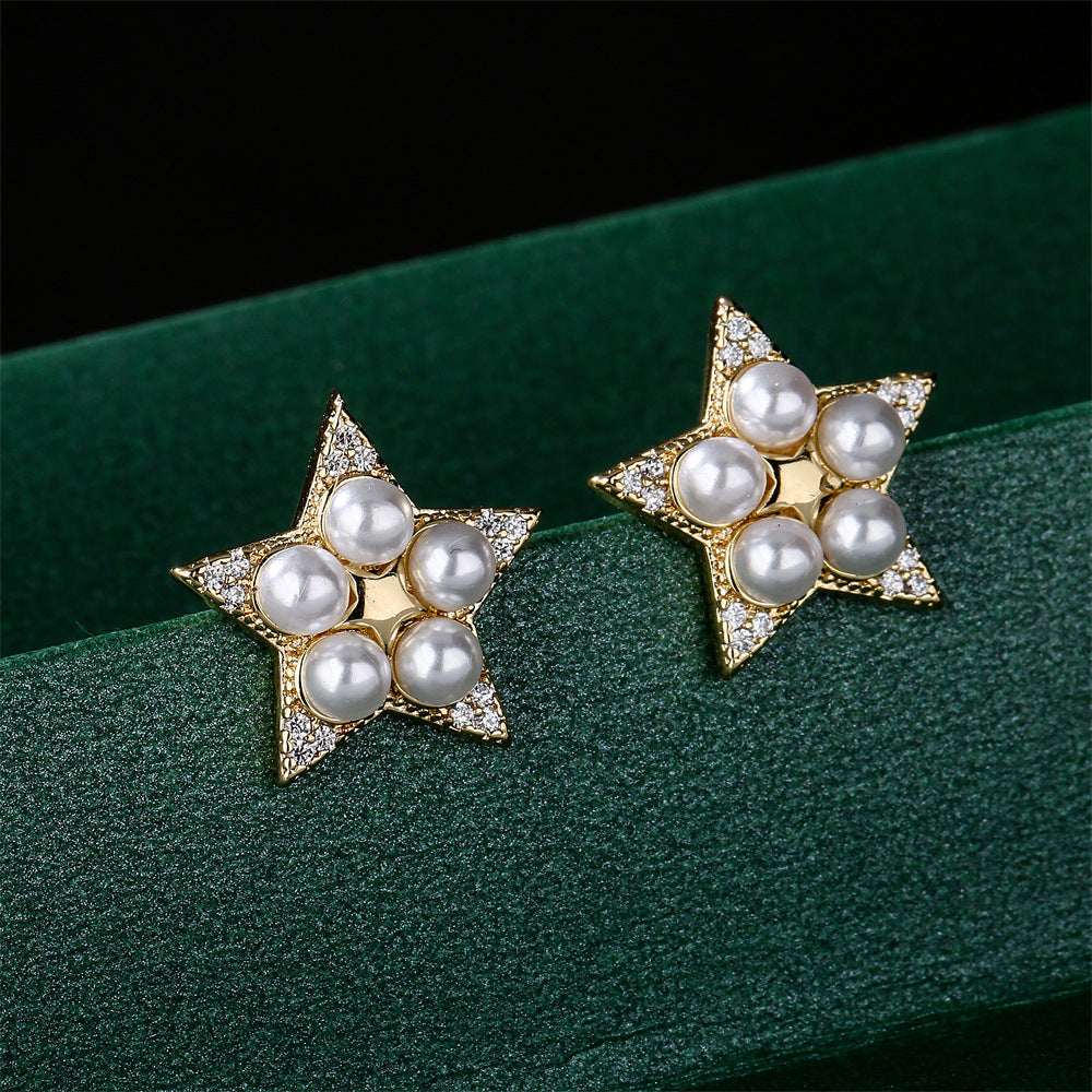 Gold Plated Brass Star Stud Earrings with Cubic Zirconia and Pearl Inlay
