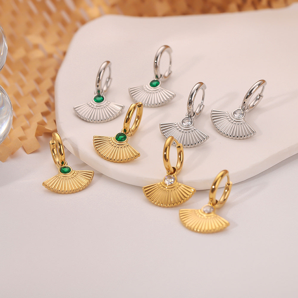 Orecchini Geometrici Vintage a Coda di Pesce a Ventaglio con Zircone Bianco e Smeraldo, Acciaio Inossidabile Placcato Oro 18K da Donna