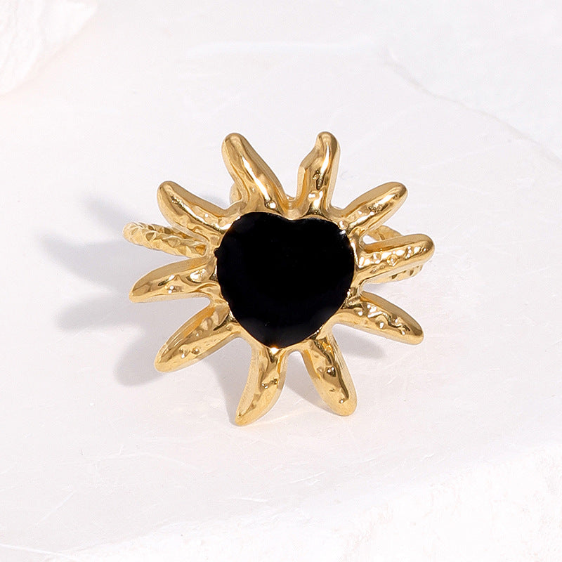 Anello aperto minimalista da donna in acciaio inossidabile placcato oro 18 carati con cuore e sole