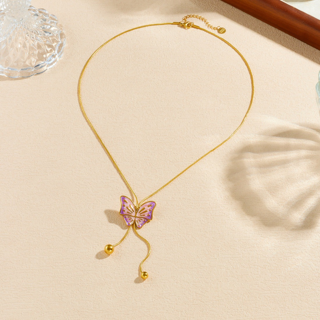 Minimalist Pink Purple Gradient Butterfly Drip Oil Plated Stainless Steel Necklace with Tassel and Gold Beads