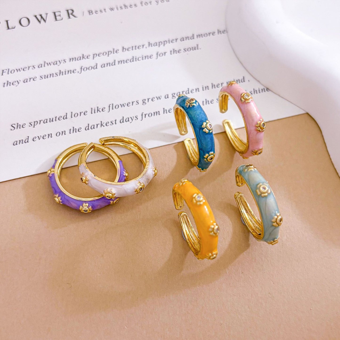 Vintage Sweet Floral Enamel Gold Plated Brass Open Ring for Women