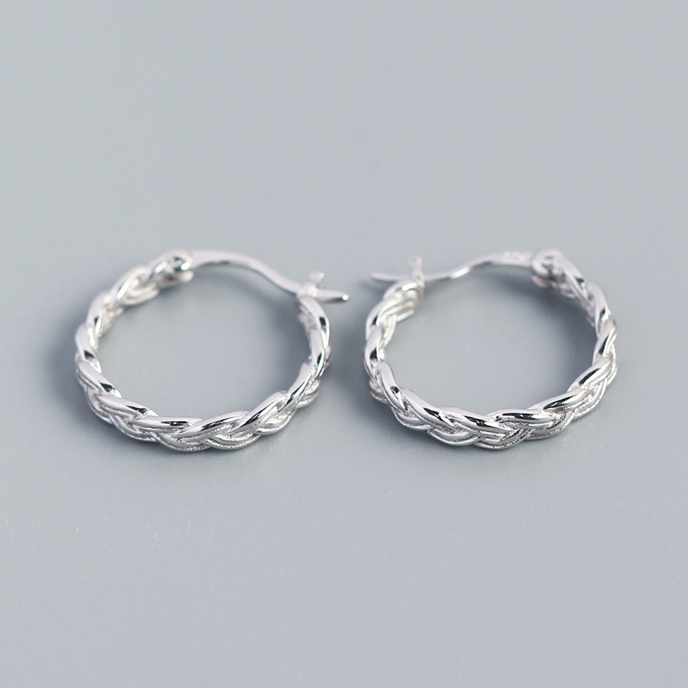 Minimalist Vintage 925 Sterling Silver Geometric Woven Hoop Earrings for Women