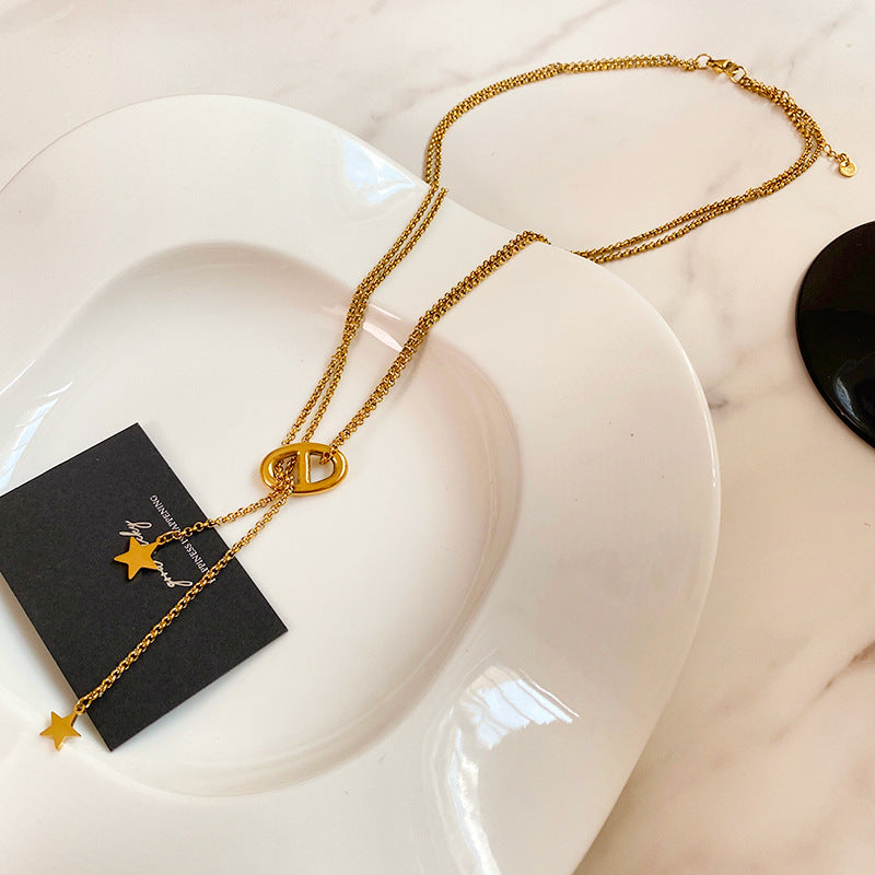 Vintage Streetwear Star Geometric Titanium Steel Plated Necklace with Tassel for Unisex