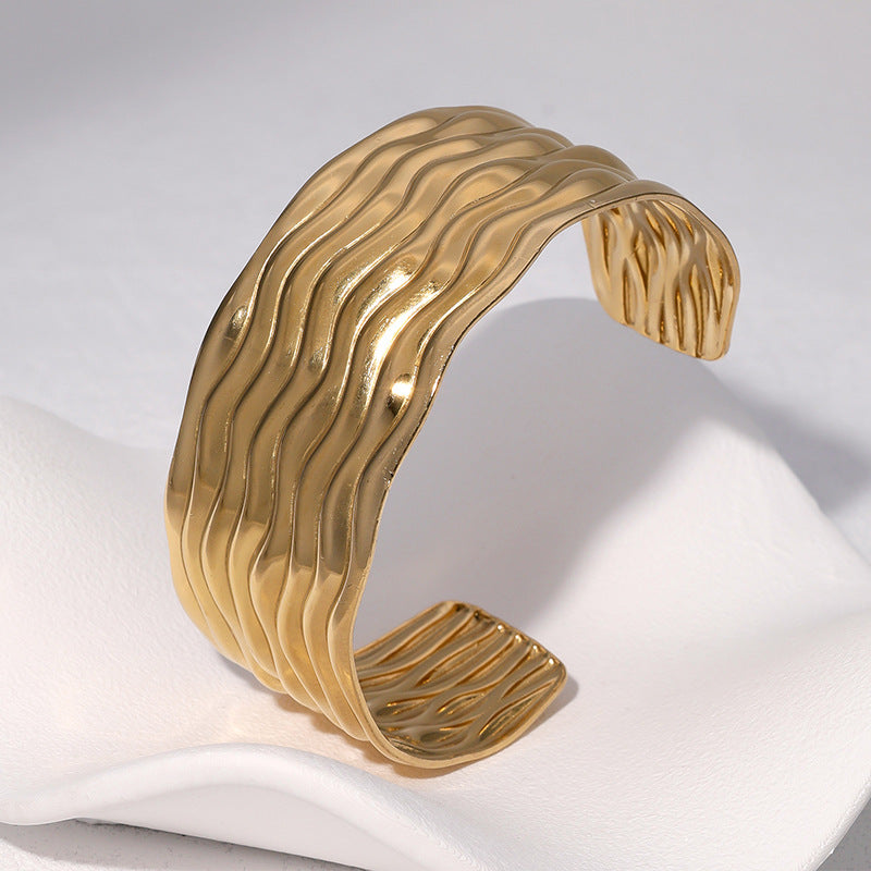 Minimalist 18K Gold Plated Stainless Steel Wavy Surface Open Cuff Bracelet