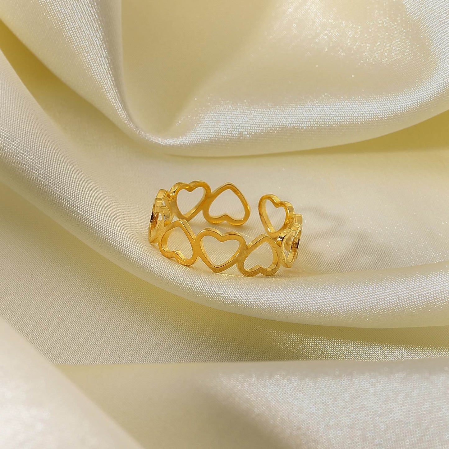 Minimalist Hollow Heart-Shaped Open Ring for Women in Stainless Steel with 18K Gold Plating