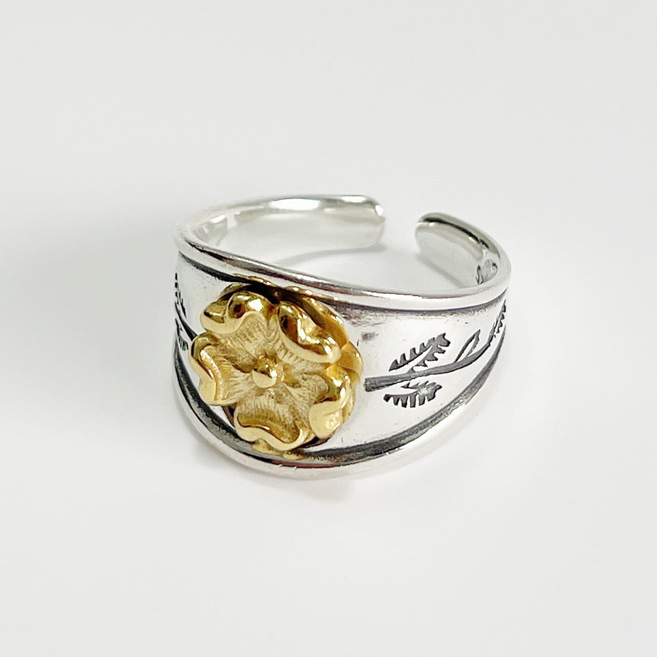 Vintage Minimalist 925 Sterling Silver Antique Finish Floral Ring for Women