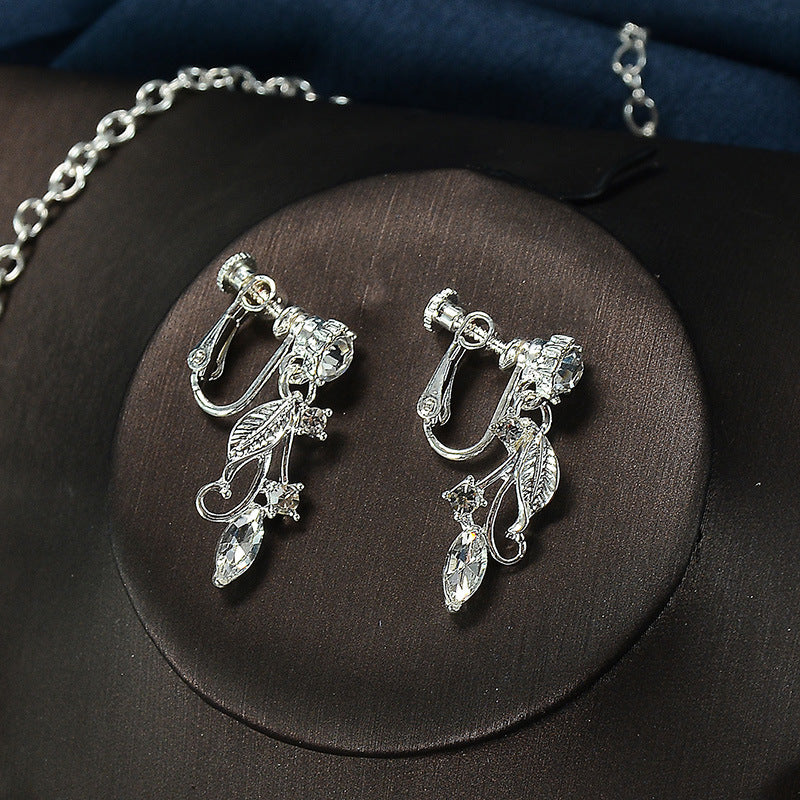 Minimalist Elegant Floral Pattern Alloy Plated Snake Chain Necklace and Earrings Set with Cubic Zirconia for Women