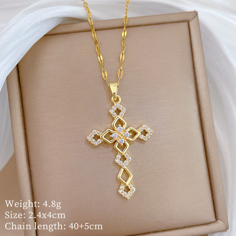 Sweet Minimalist Cross Titanium Steel Necklace with Cubic Zirconia for Unisex
