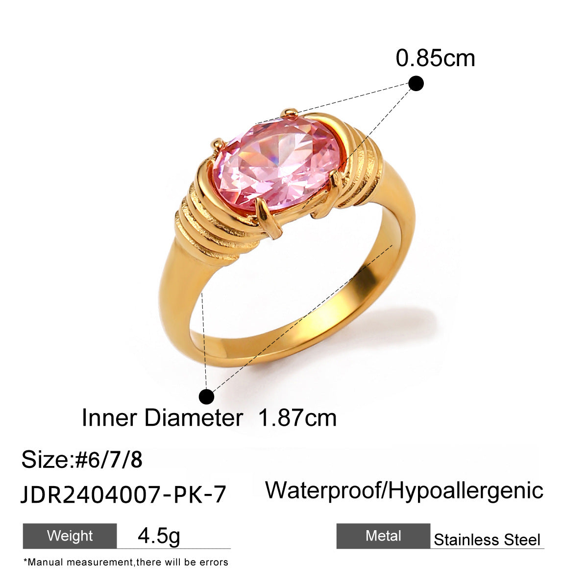 Trendy 18K Gold Plated Stainless Steel Ring with White Rhinestones and Threaded Design for Women