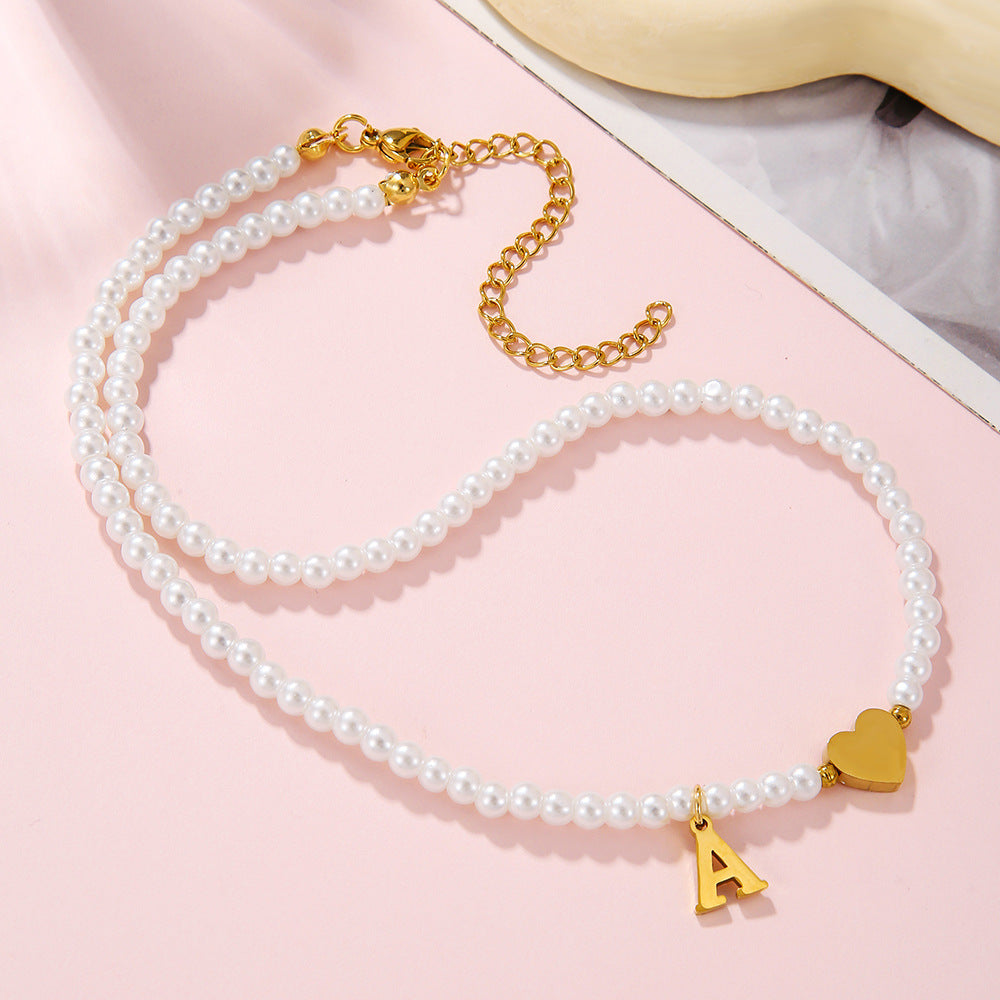 Minimalist Letter Heart Stainless Steel Pearl Necklace Women Cable Chain