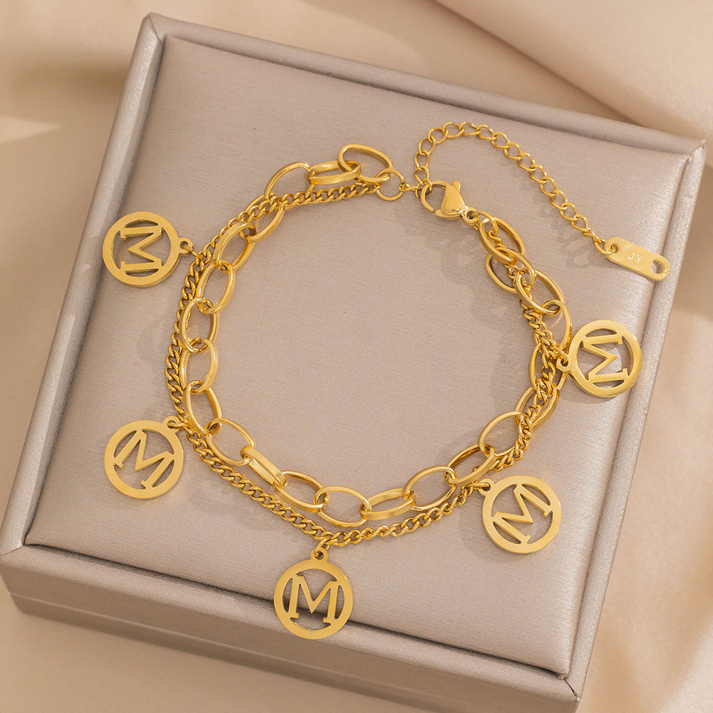 Minimalist Letter M Double-Layer Titanium Steel Bracelet for Women with Electroplated Finish