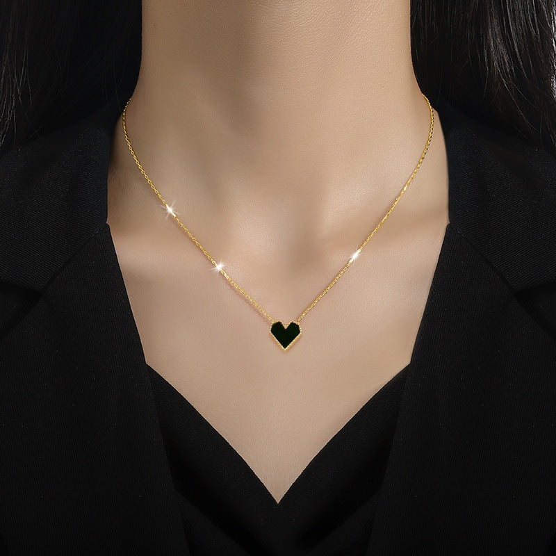 Minimalist Titanium Steel Heart-Shaped Pendant Necklace for Women and Men with Gold Plating and Mother-of-Pearl Inlay, Adjustable Chain up to 50 cm