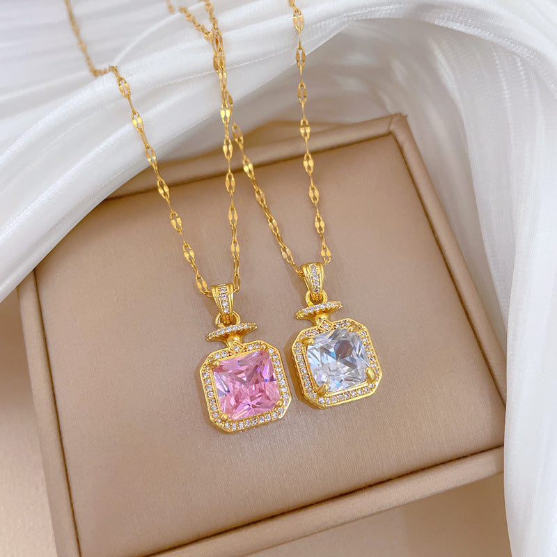 Sweet Geometric Moon Cubic Zirconia Inlay Titanium Steel Necklace with Brass Pendant for Unisex