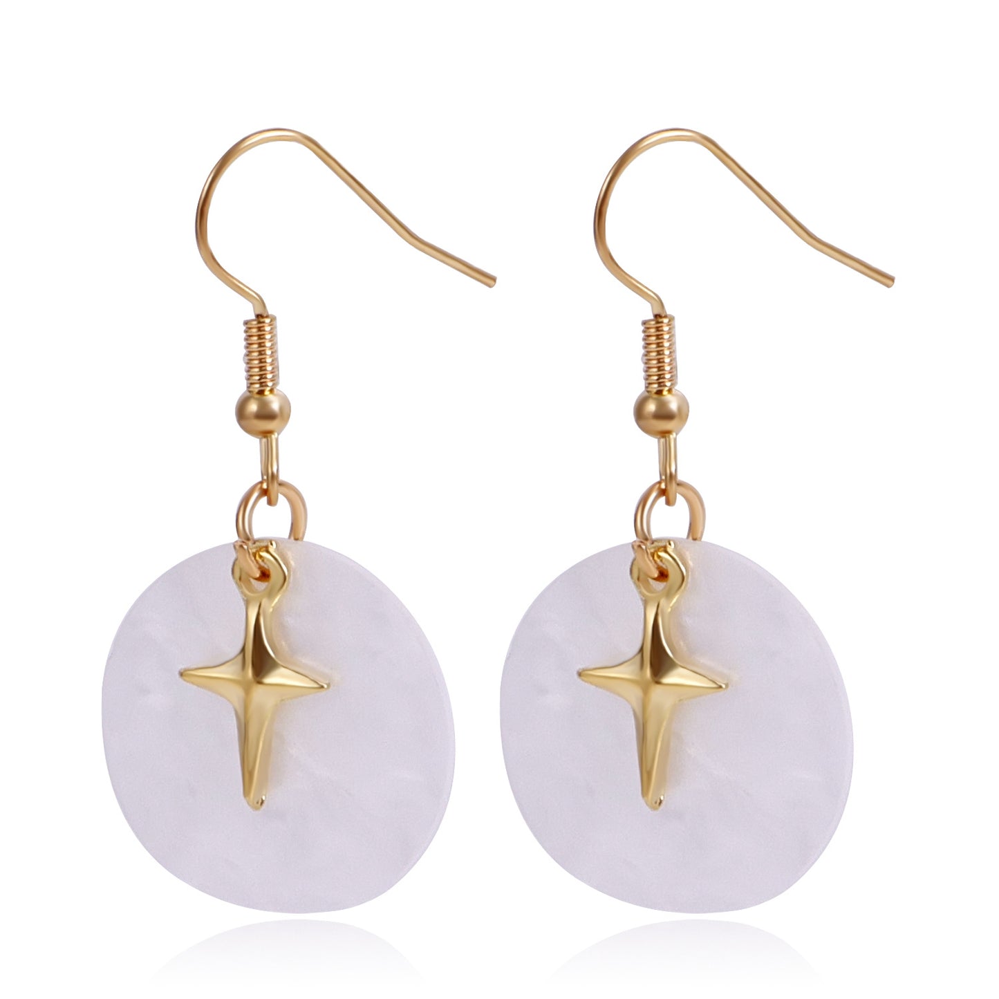 Vintage Style Geometric Star White Mother of Pearl Pendant Earrings for Women with Plated Alloy Finish