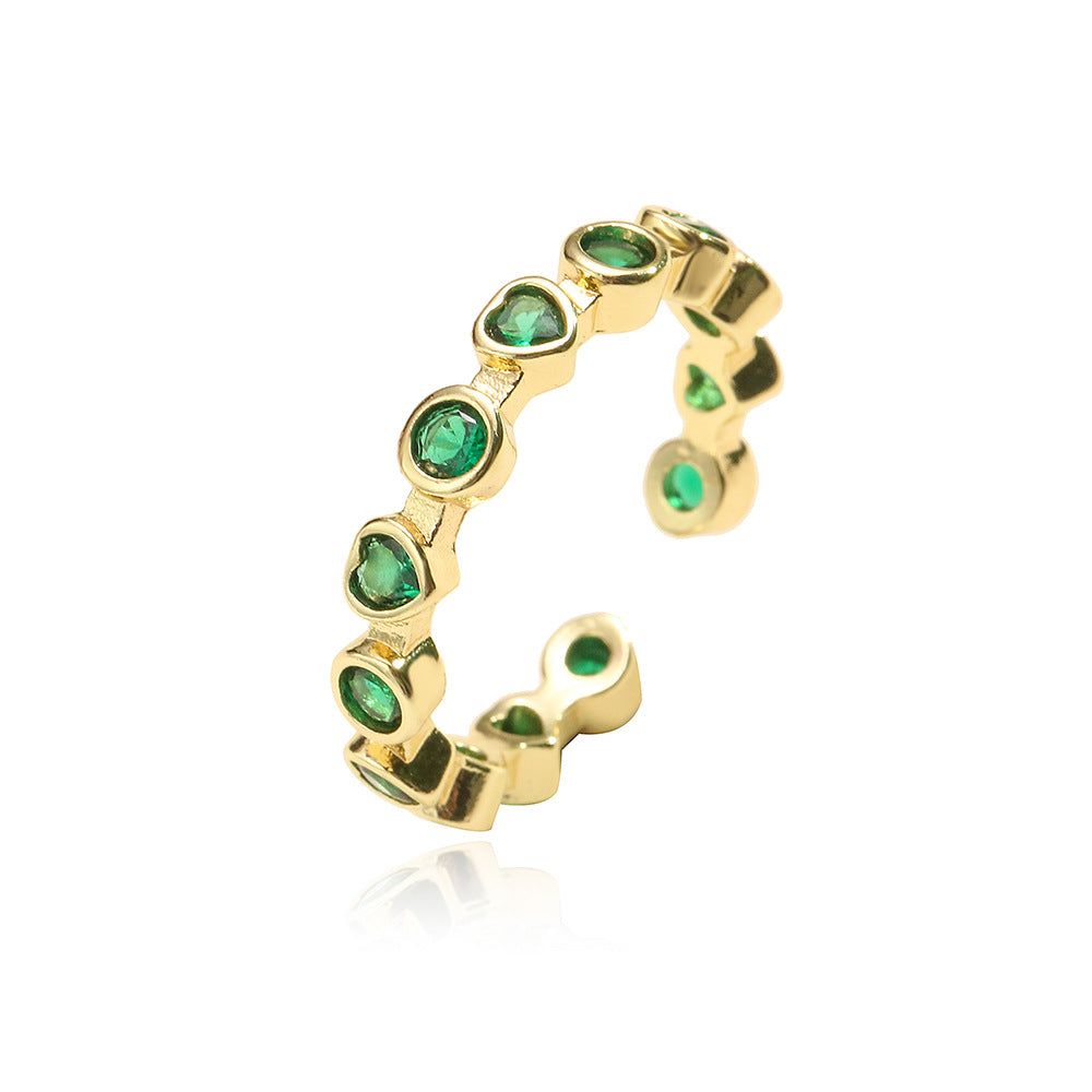 Minimalist Geometric Copper Ring with 18K Gold Plating and Micro-Paved Green Zirconia for Women