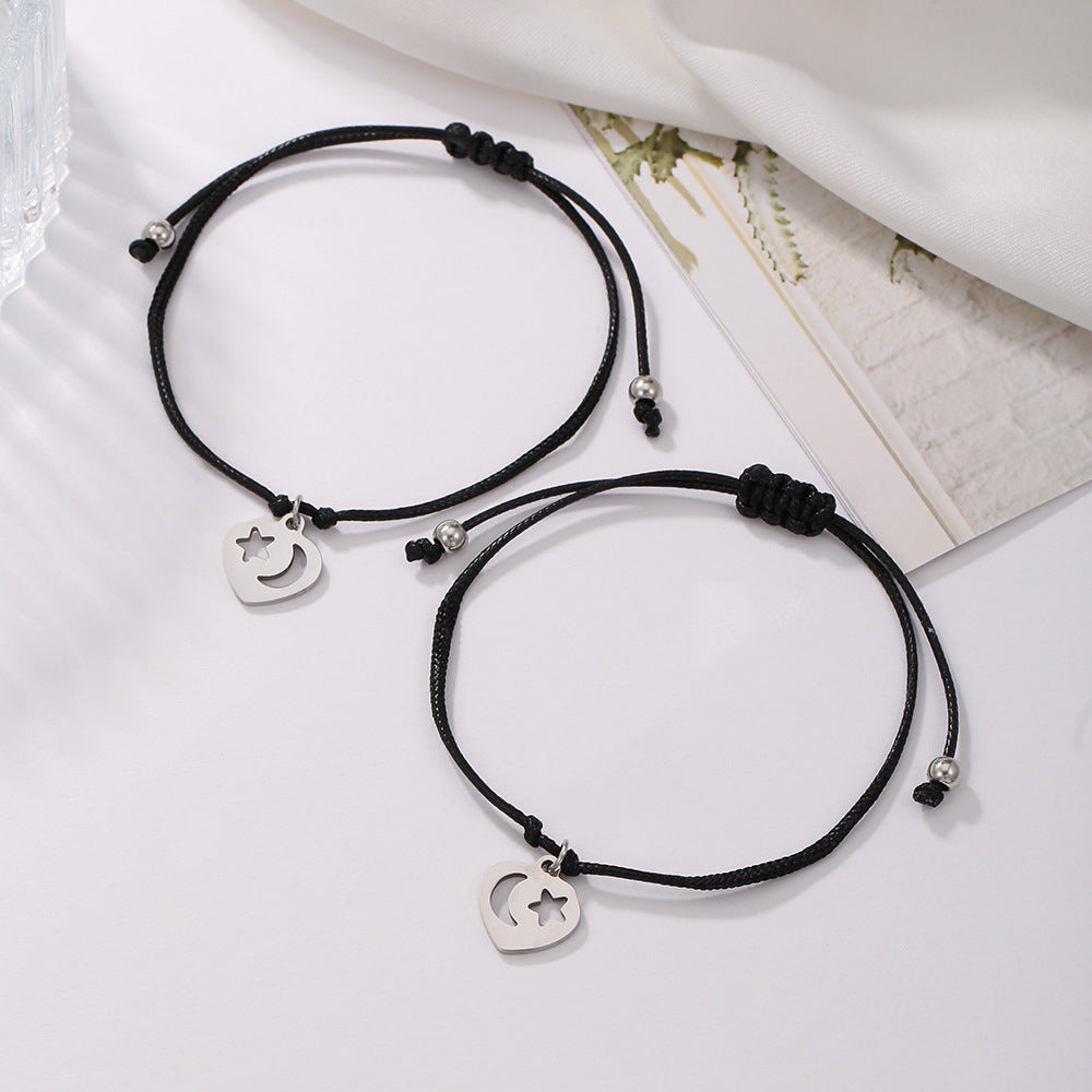 Elegant Hollow Star Moon Heart Rhinestone Inlay Stainless Steel Bracelet Set for Couples
