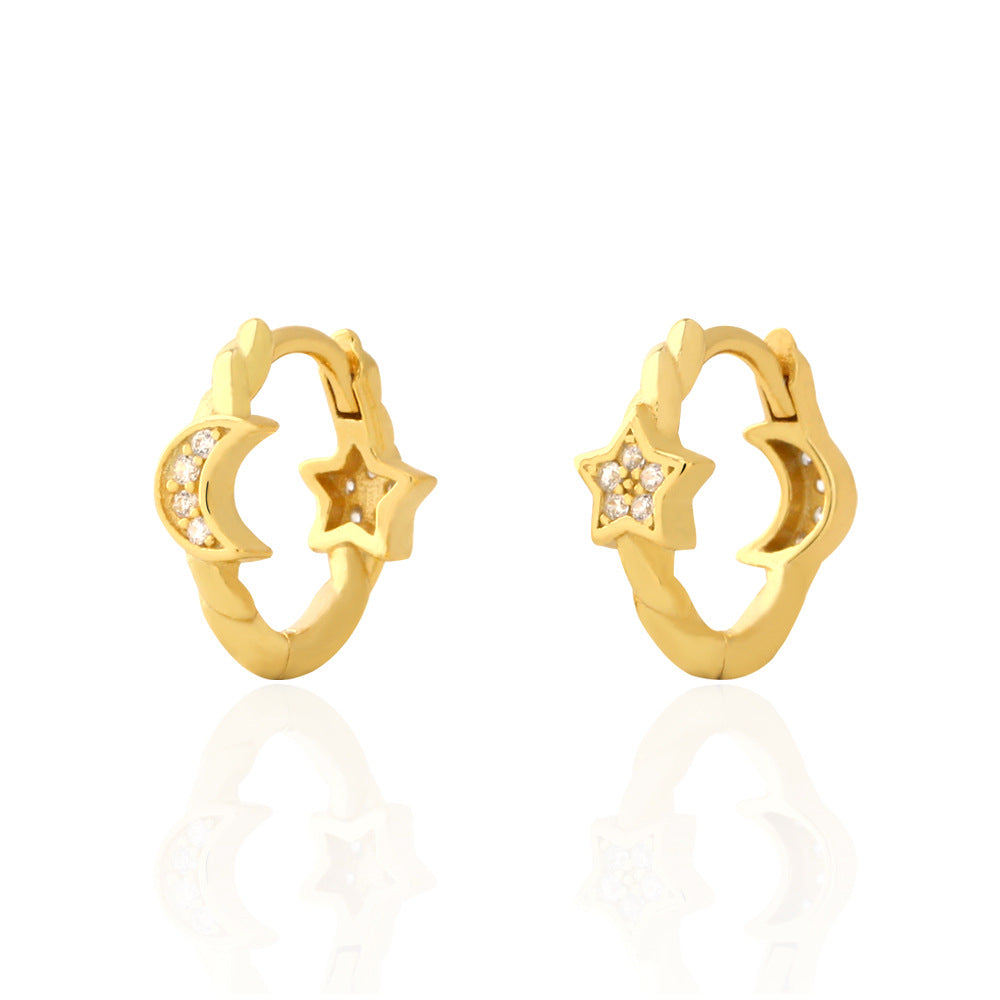 Dulces Pendientes de Aro Geométricos de Plata de Ley 925 con Diseño de Estrella y Luna y Diamantes para Mujer
