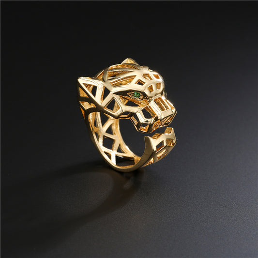 Anello regolabile in rame con motivo leopardato traforato, stile punk, placcato oro 18 carati e incastonatura micro-pavé