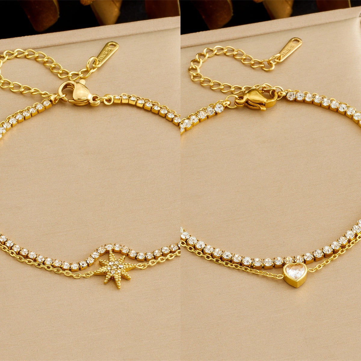 Minimalist Sweet Rhinestone Inlaid Star Heart Stainless Steel Double Layer Bracelet