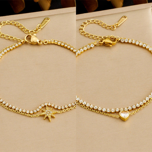 Minimalist Sweet Rhinestone Inlaid Star Heart Stainless Steel Double Layer Bracelet