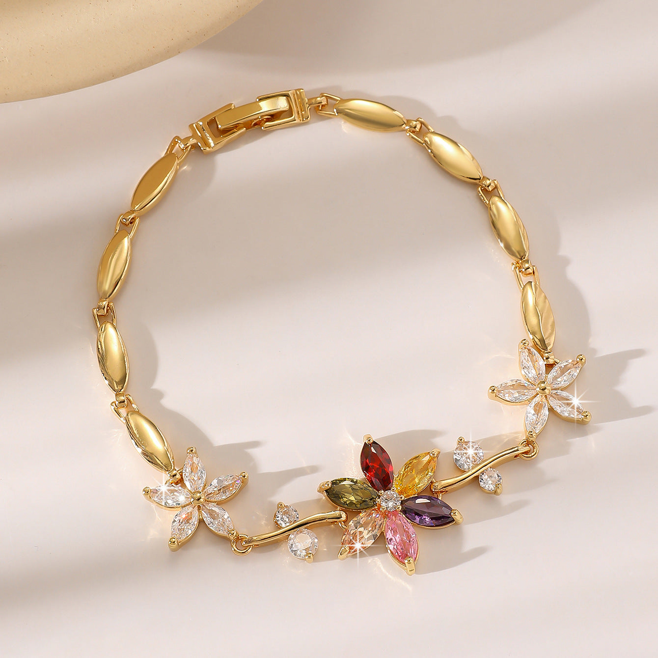 Luxury Gold Plated Brass Leaf Bracelet with Cubic Zirconia Inlay Unisex Floral Design