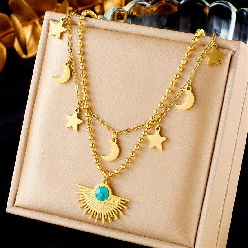 Vintage Bohemian Stainless Steel Heart Star Butterfly Square Pendant Necklace with Rhinestone and Turquoise Inlay