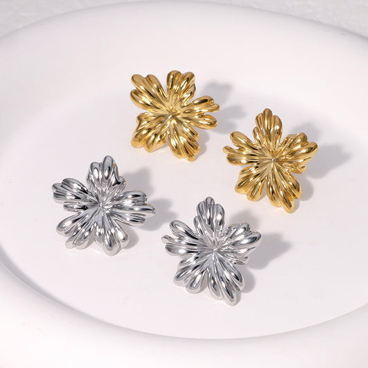 Sweet Floral Stainless Steel Stud Earrings with 18K Gold Plating, Minimalist Titanium Steel Design for Women
