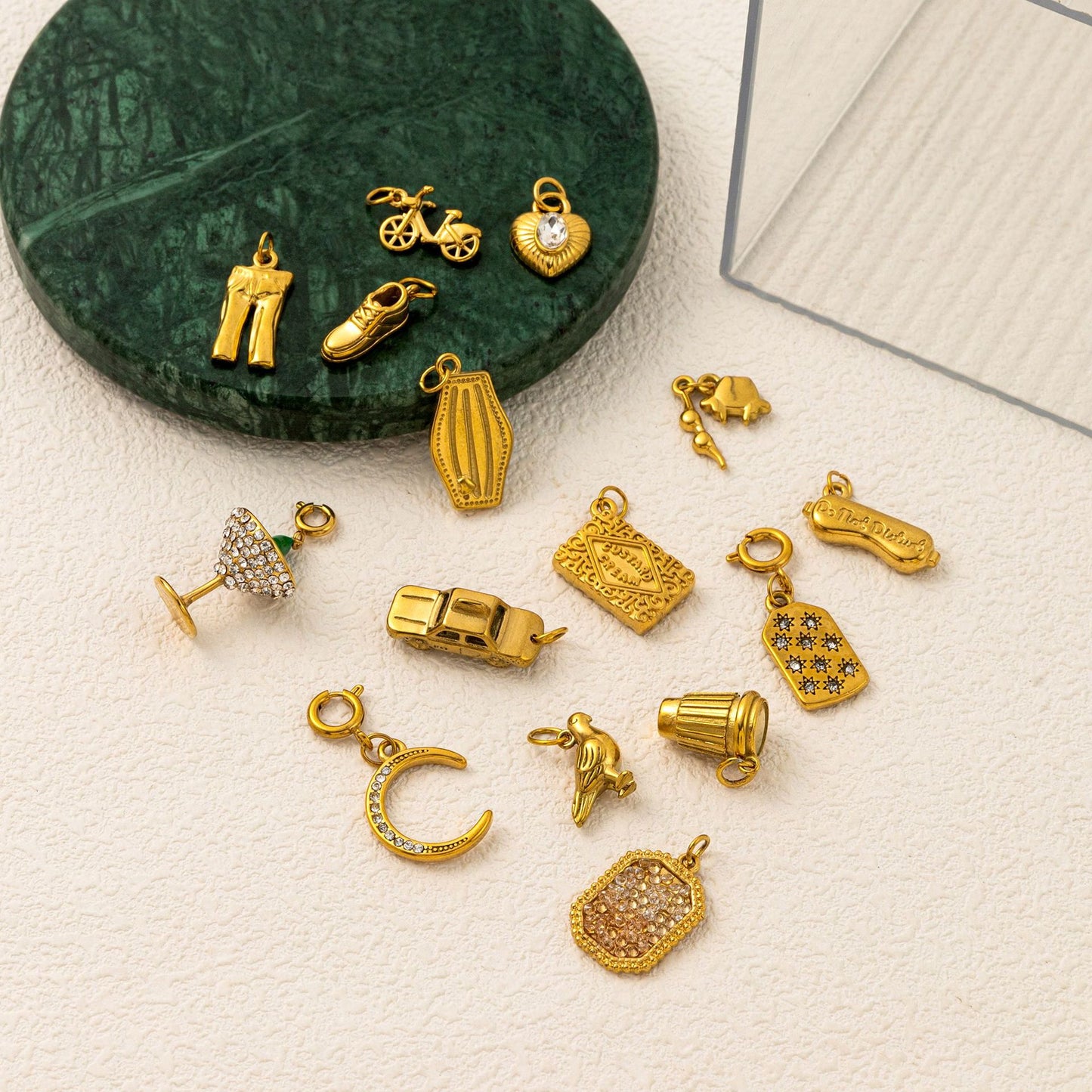 Vintage 18K Gold Plated Stainless Steel Moon Charm Bar PVD