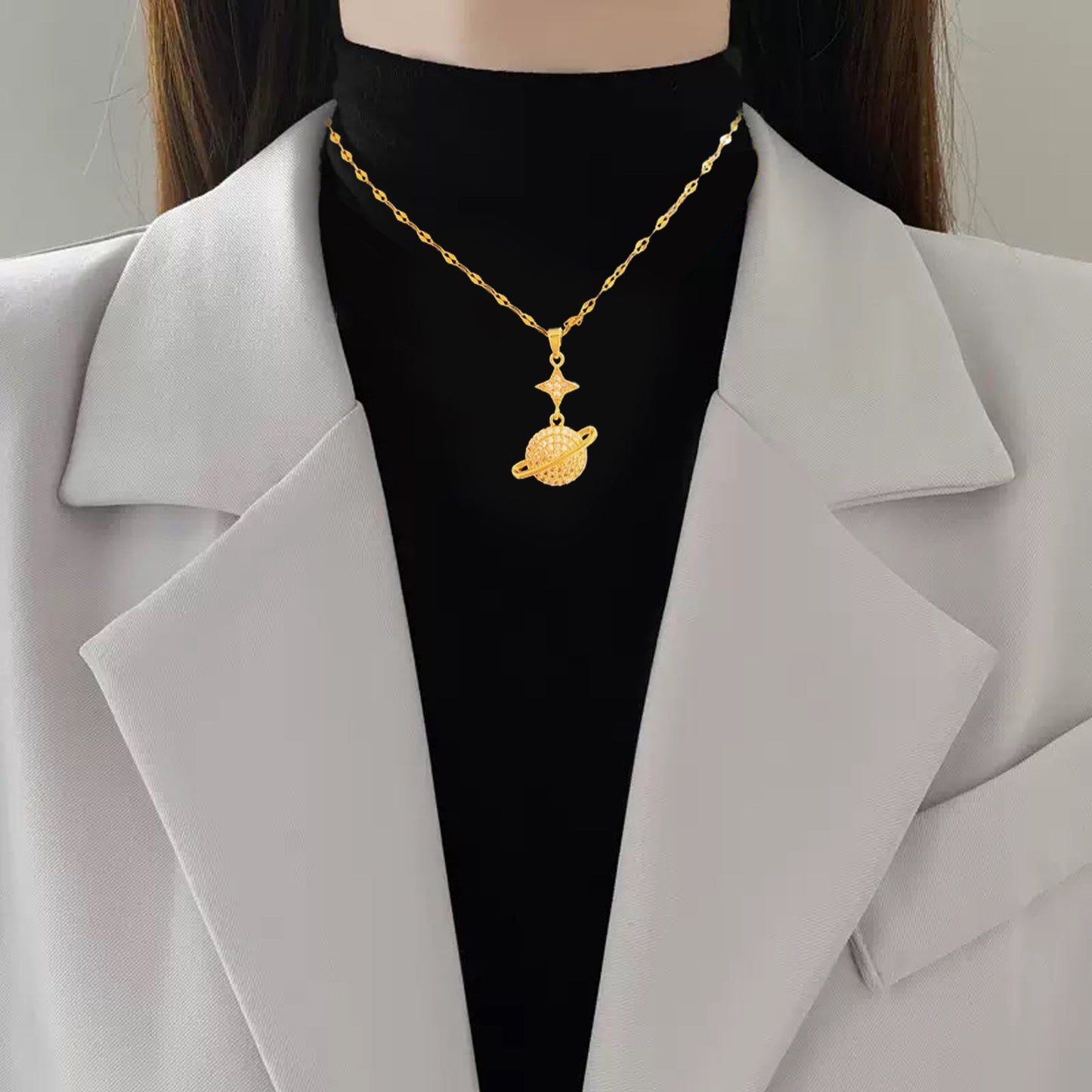 Minimalist Sweet Gold Plated Titanium Steel Planet Star Rhinestone Necklace for Unisex