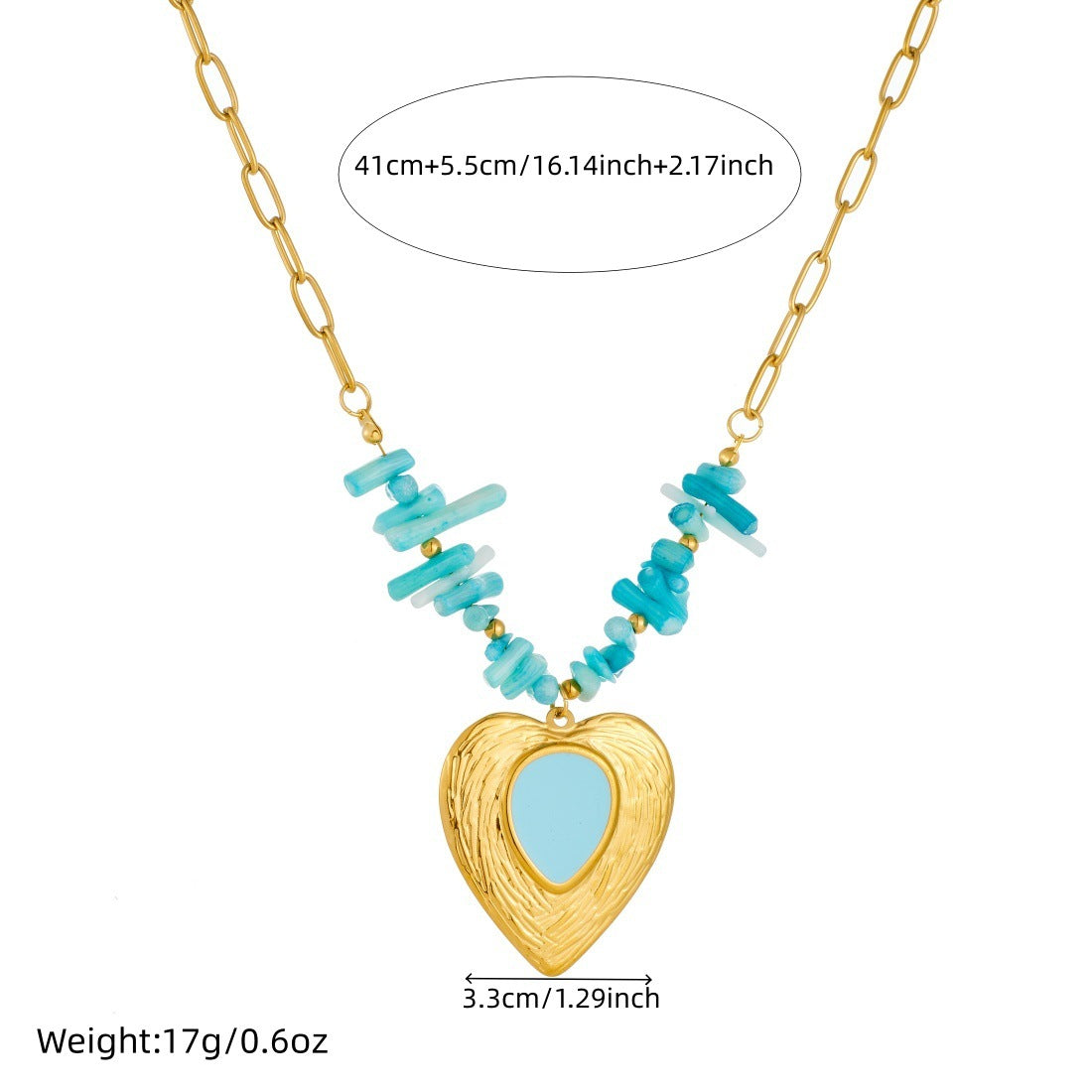 Chic Heart Shaped Gold Plated Drip Oil Stainless Steel Necklace with Blue Stone Beads and Curb Chain