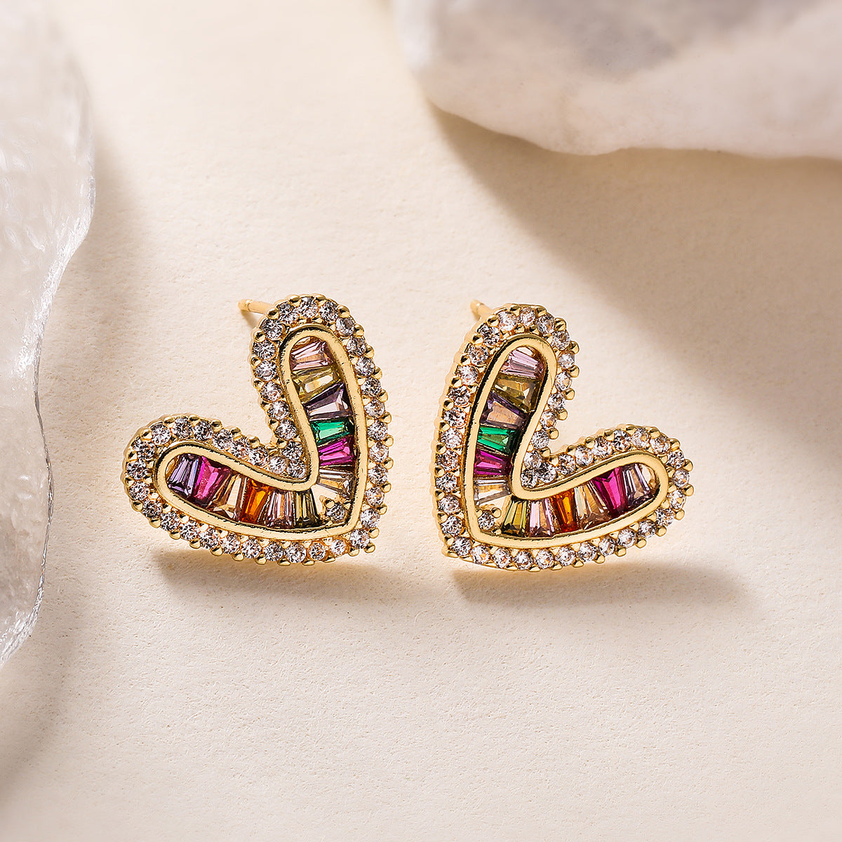 Fashion Minimalist Heart-Shaped Copper Earrings with 18K Gold Plating and Zircon Accents for Women