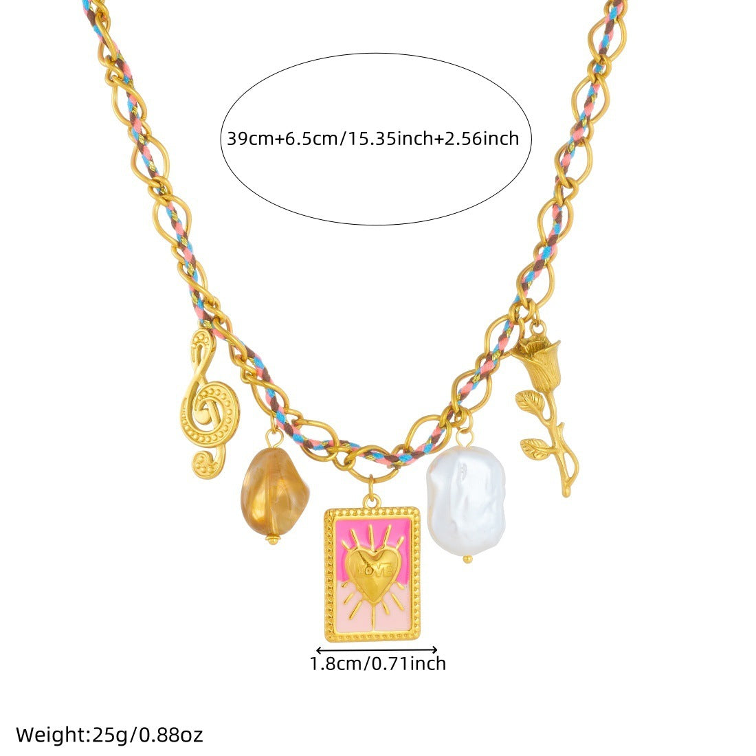 Sweet Streetwear Gold Plated Stainless Steel Heart Square Musical Note Pearl Pendant Necklace