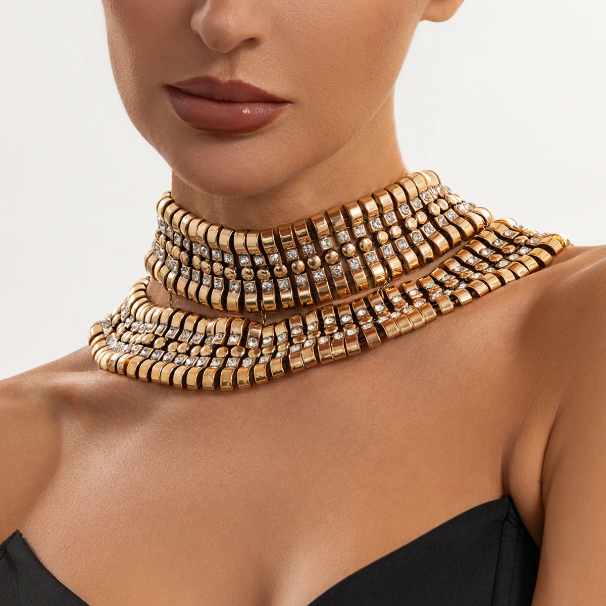 Exaggerated Luxury Geometric Square Rhinestone Plated Alloy Multi-layer Necklace for Women