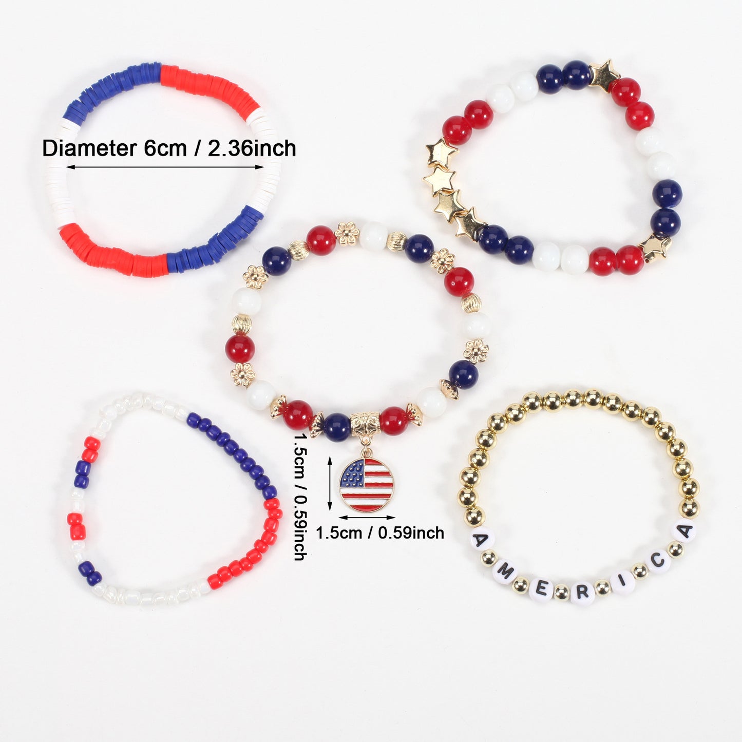 Unisex Red White Blue Resin Crystal Beaded Bracelet with Floral Pattern