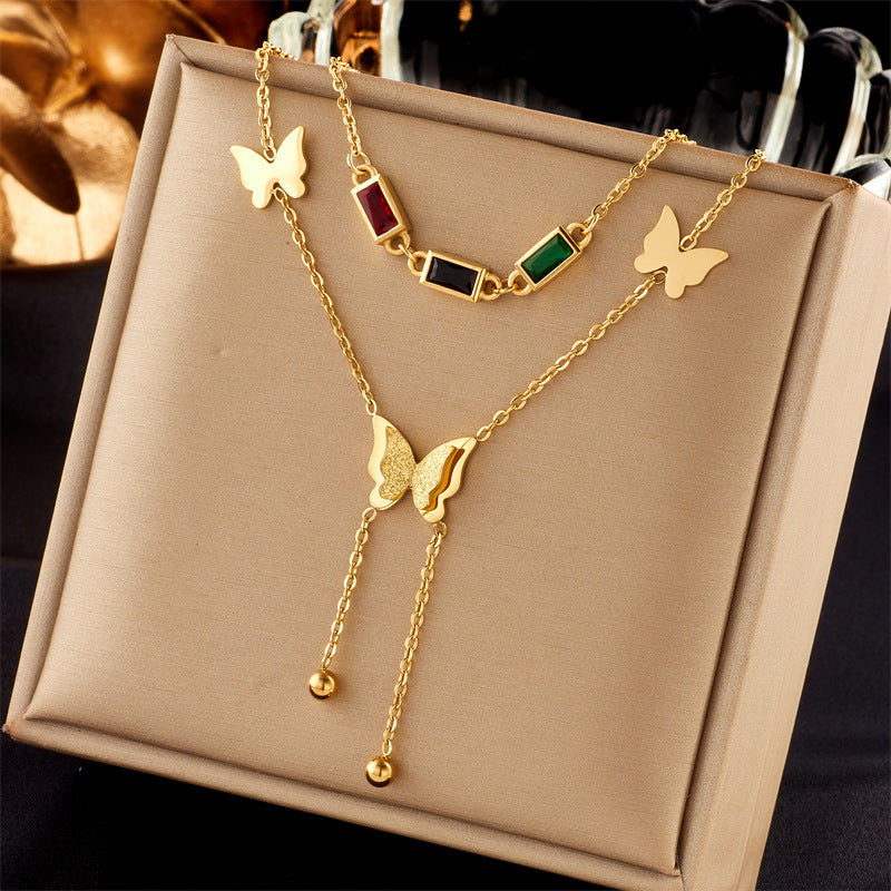 Vintage Luxury Gold Plated Heart Butterfly Round Stainless Steel Necklace with Pearl Multi-Layer