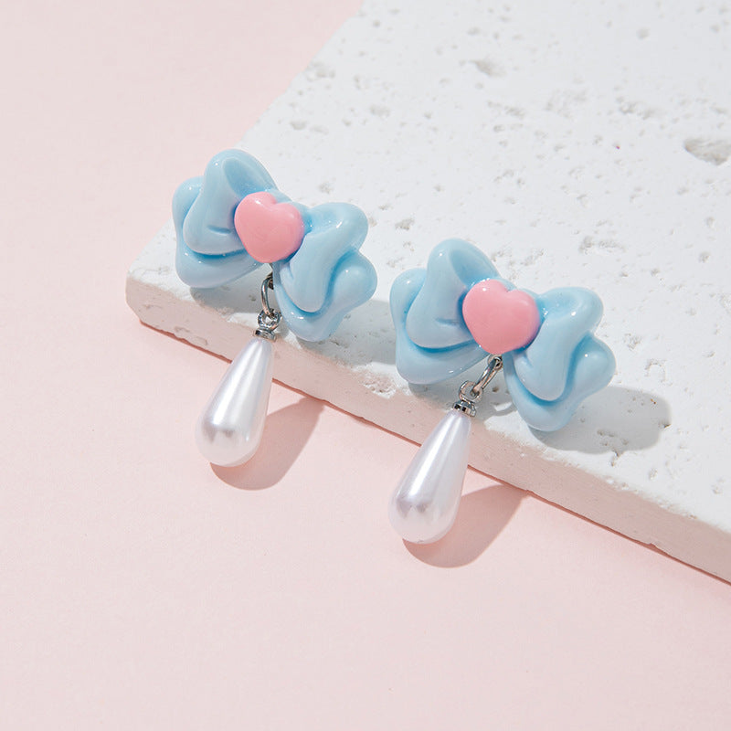 Orecchini a perno con perla a forma di fiocco, dolci e minimalisti, gioielli per bambine alla moda