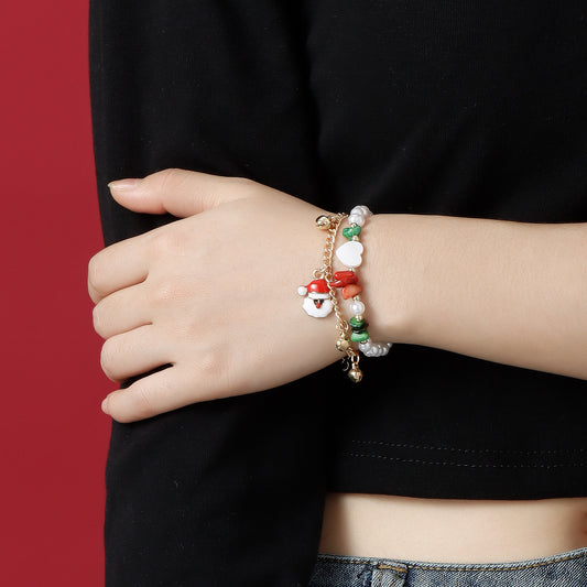 Bracciale originale di perle con testa di Babbo Natale, ciondoli a cuore e a campanella, gioielli minimalisti a doppio strato per uomo e donna