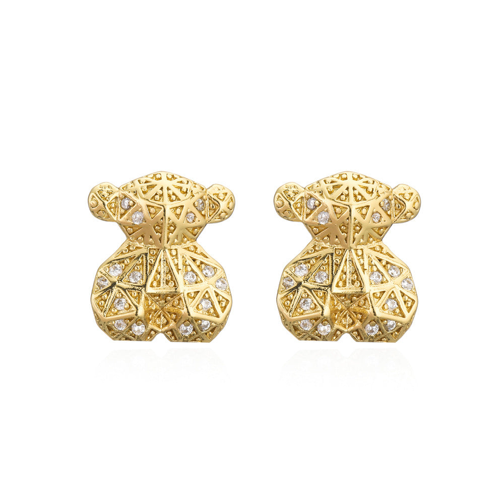 Orecchini a perno a forma di orso minimalisti e moderni in rame con zirconia micro-pavé e placcatura in oro 18K