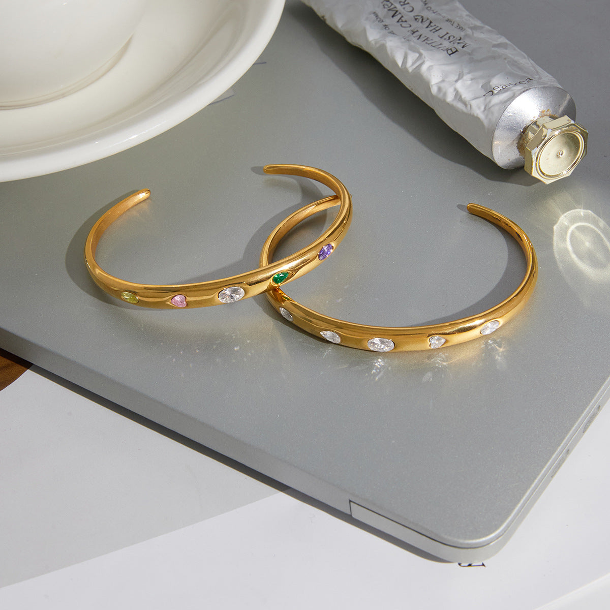 Minimalist Geometric Stainless Steel Plated Bracelet with Cubic Zirconia for Women