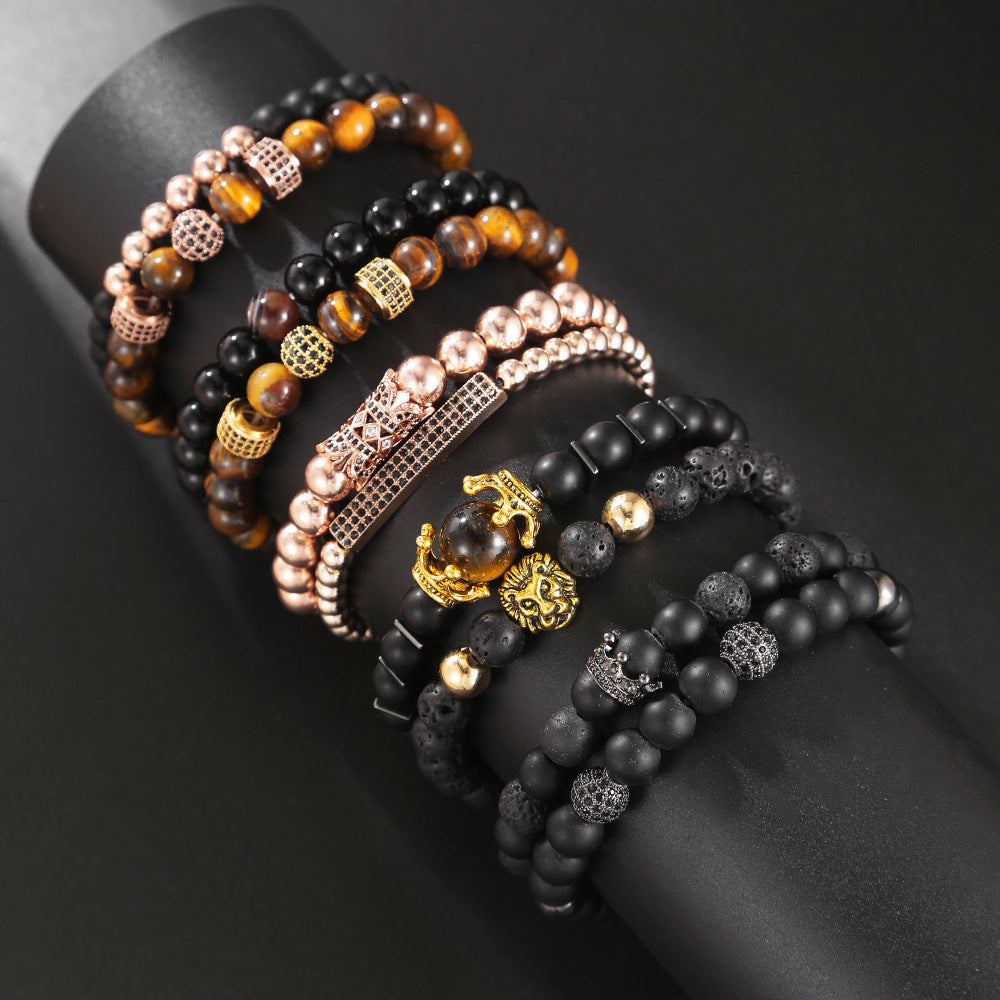 Geometric Round Brass Alloy Bracelet with Cubic Zirconia Inlay Handmade Beaded Stretch Design for Unisex
