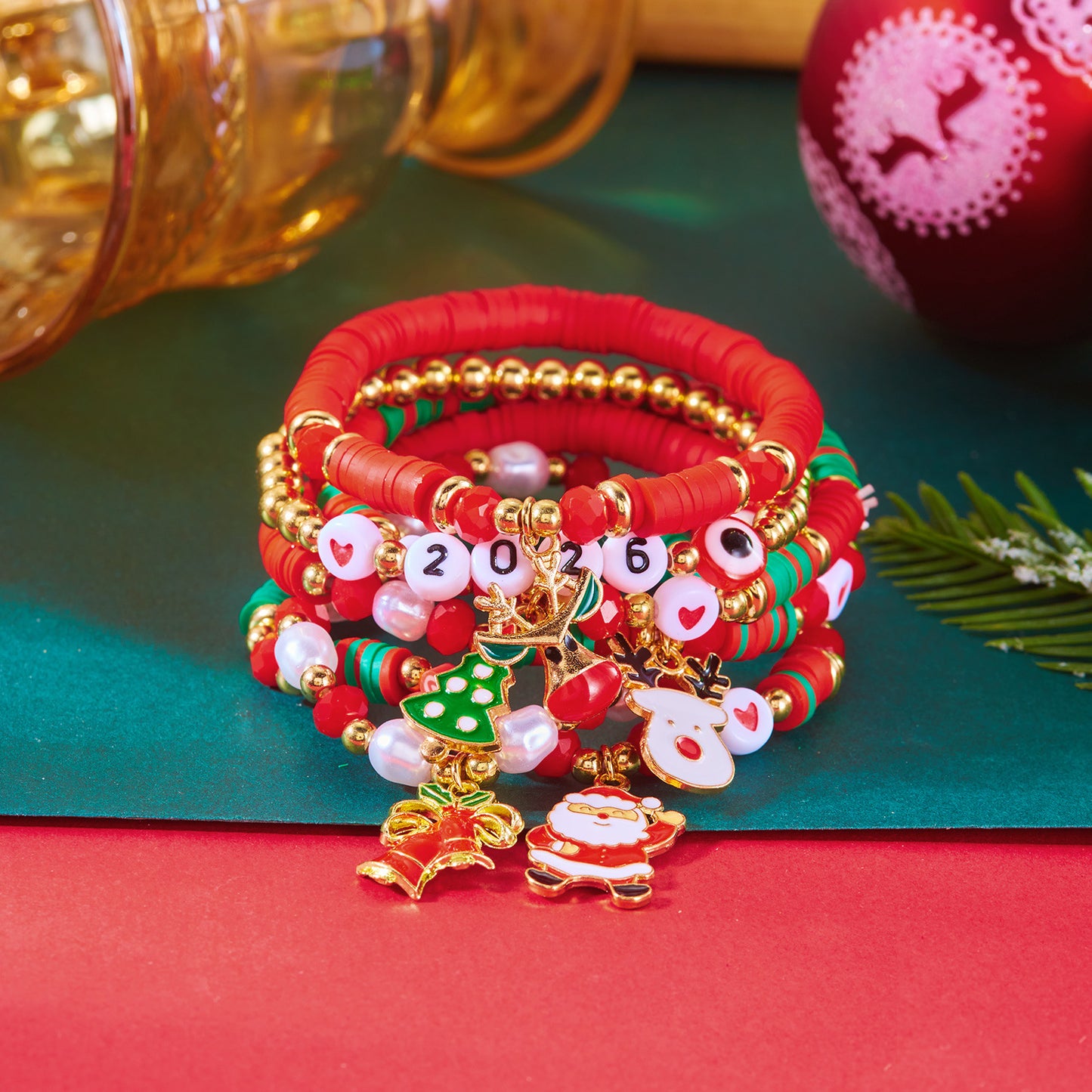 Sweet Christmas-Themed Bracelet Set with Snowman Reindeer Bell and Tree Charms Crystal Handmade Fashion Bracelets for Women