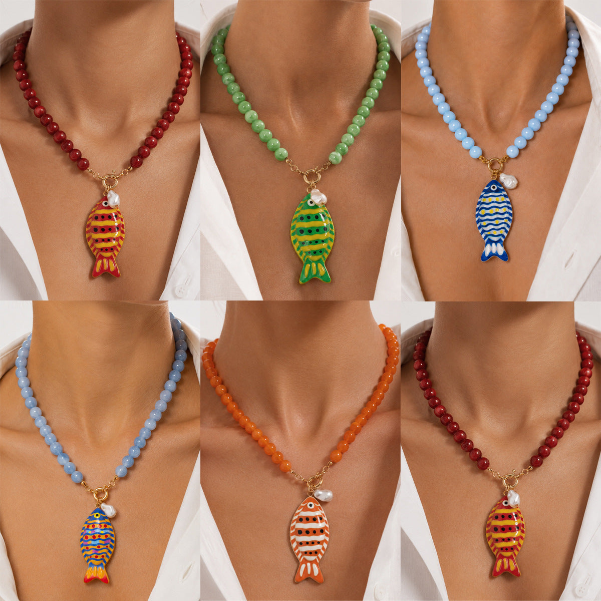 Sweet Casual Acrylic Fish Pendant Necklace Colorful Beaded Chain Women's Jewelry