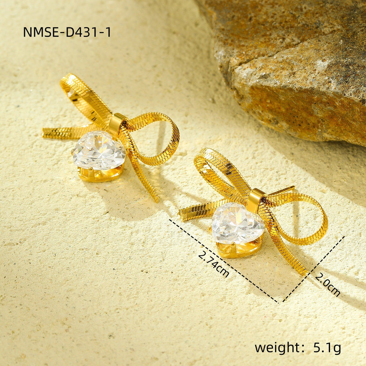 Orecchini da donna in acciaio al titanio con fiocco a cuore minimalista e strass, gioielli alla moda resistenti allo sbiadimento per l'estate
