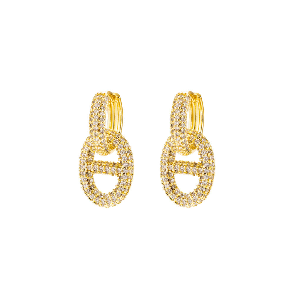 Luxury-Style Pig Nose Earrings in Gold-Plated Copper with Rhinestone Inlay for Women